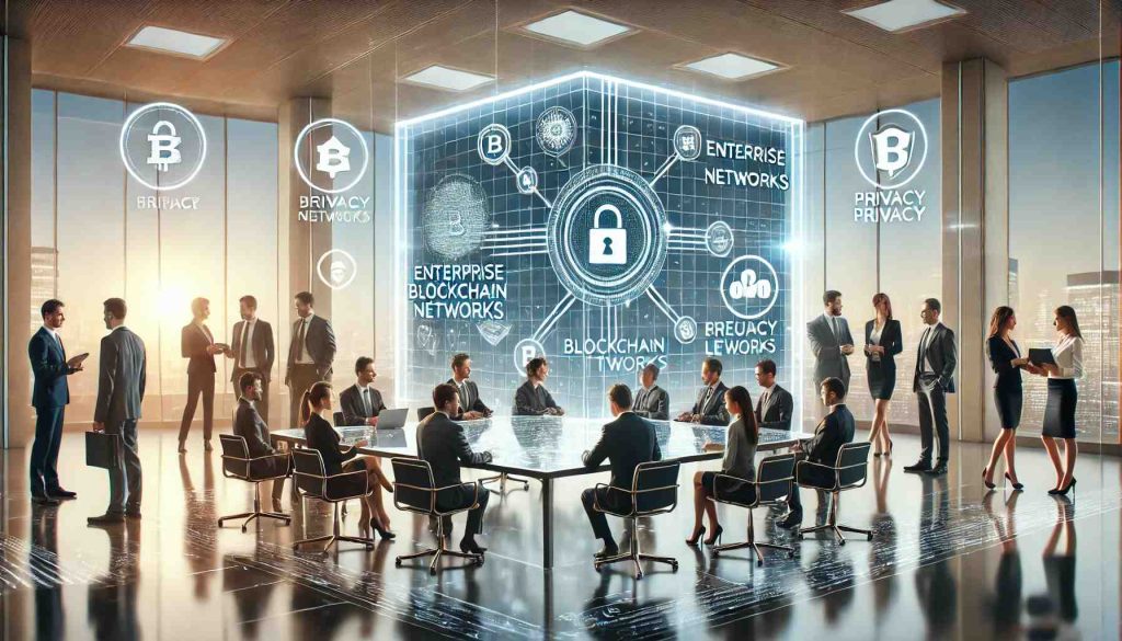 Grupo de empresarios usando pantalla digital con visualización de blockchain y candados de privacidad en una oficina moderna.