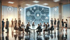 Grupo de empresarios usando pantalla digital con visualización de blockchain y candados de privacidad en una oficina moderna.