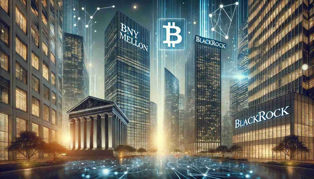 Sede moderna de BNY Mellon y BlackRock rodeada de elementos digitales y blockchain, simbolizando innovación financiera.
